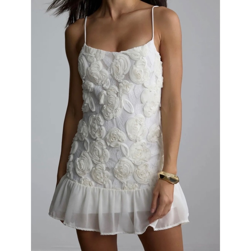 Sunfere White 3D Rosette Floral Mini Dress Ruffle Hem Bridal Party Sleeveless M
